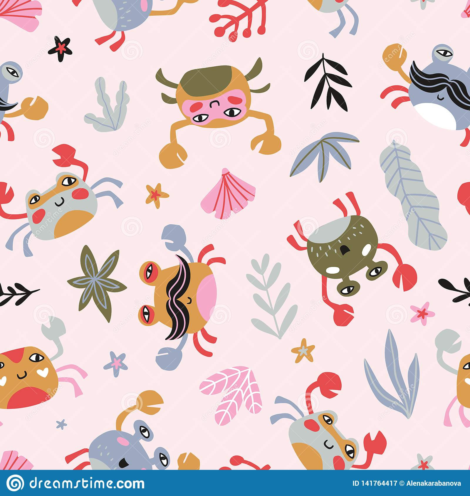 basic rgb bright baby fabric design crabs sea plants pink background repeated print kids vector seamless