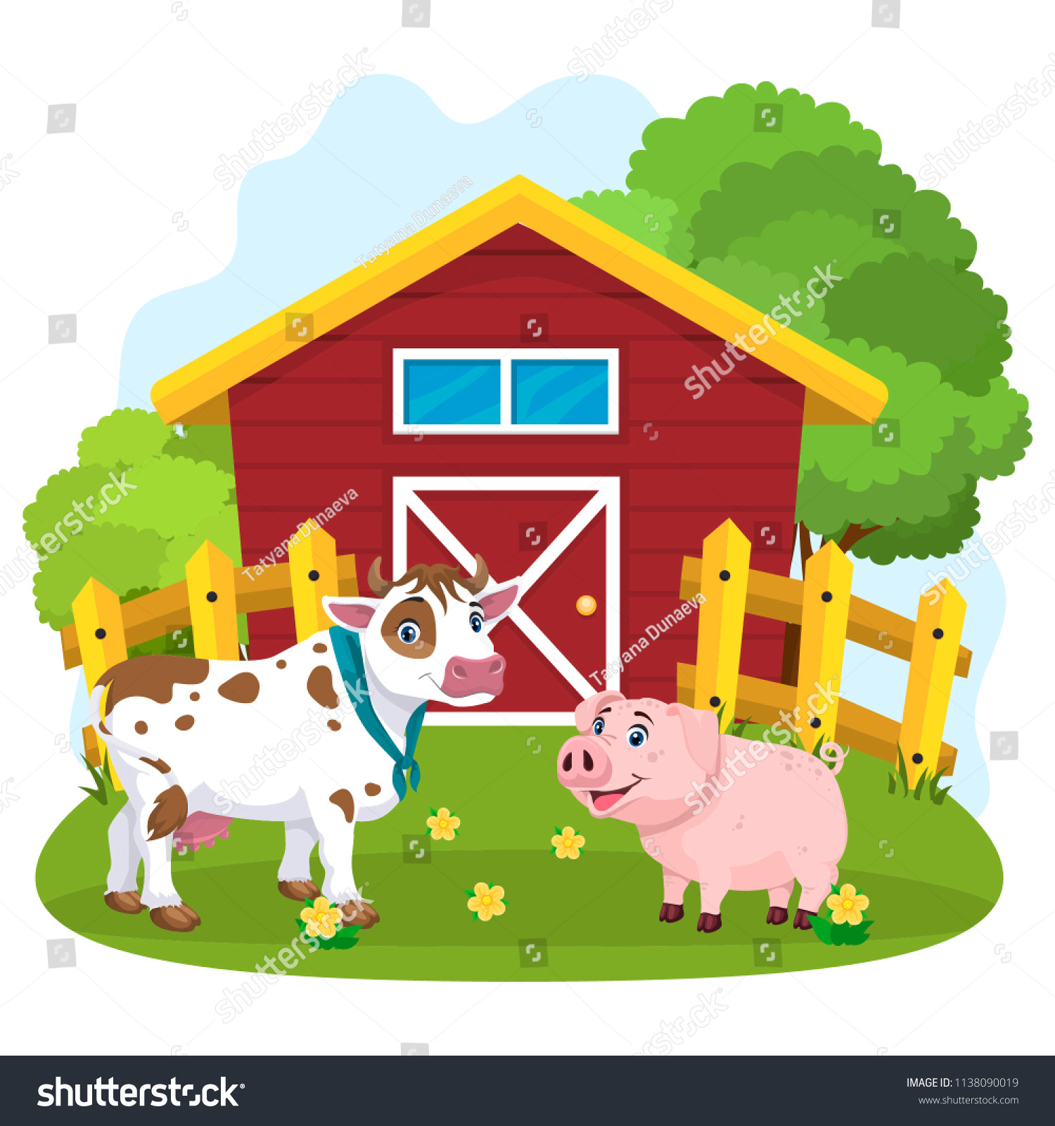 stock vector a happy sweet cartoon cow in a kerchief around his neck and a happy piggy painted illustration a
