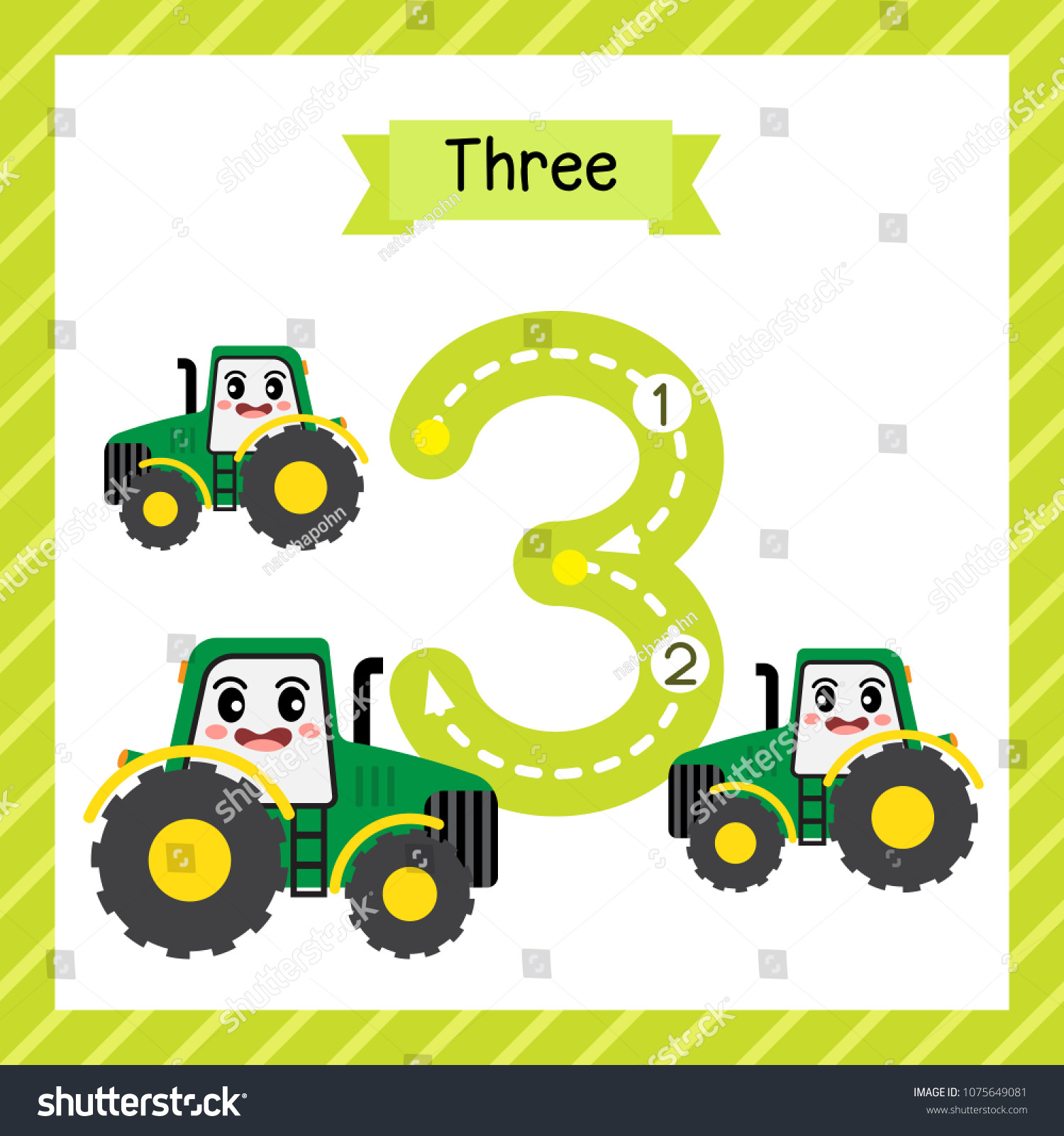 stock vector cute children flashcard number three tracing with tractors for kids learning to count and to