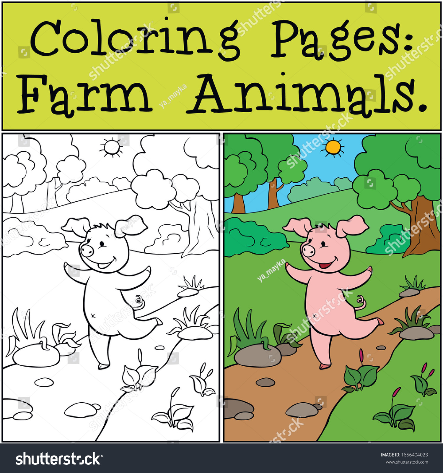 stock vector coloring pages farm animals a cute little pig runs along the road and laughs