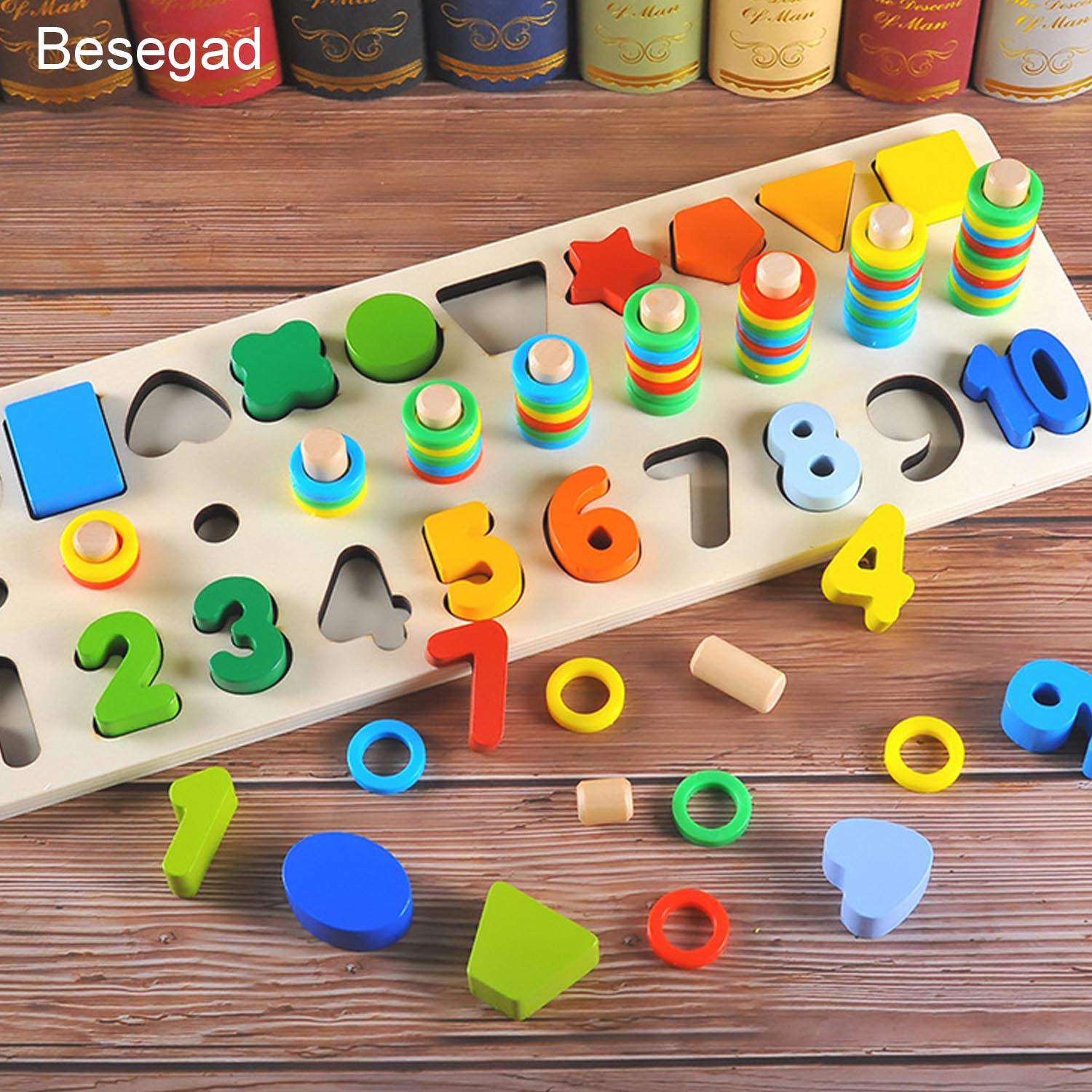 Besegad Kids Colored Wooden Geometric Number Shape Matching Sorting Board Puzzle Math Digital Counting Jigsaw Learning