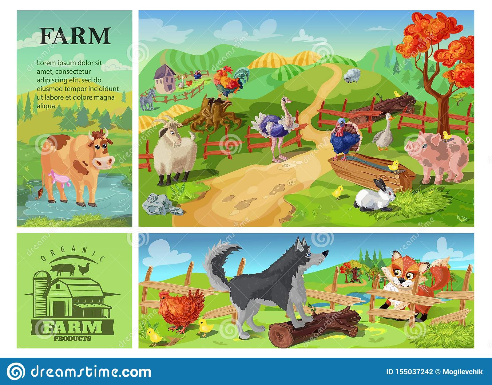 cartoon farm animals position cow goat pig sheep rooster rabbit ostrich turkey rural landscape dog defending