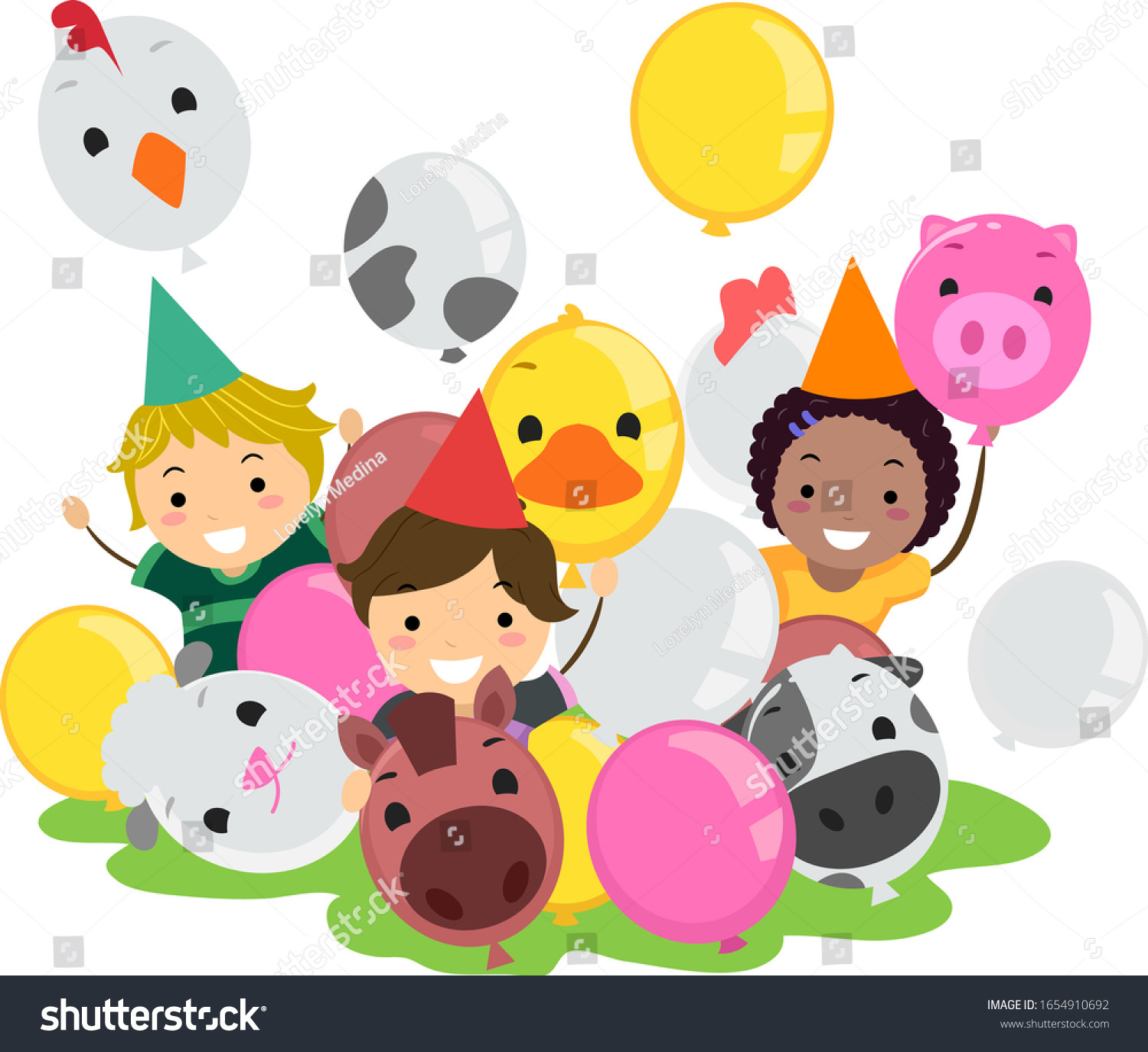stock vector illustration of stickman kids celebrating birthday with colorful farm animal balloons and cone