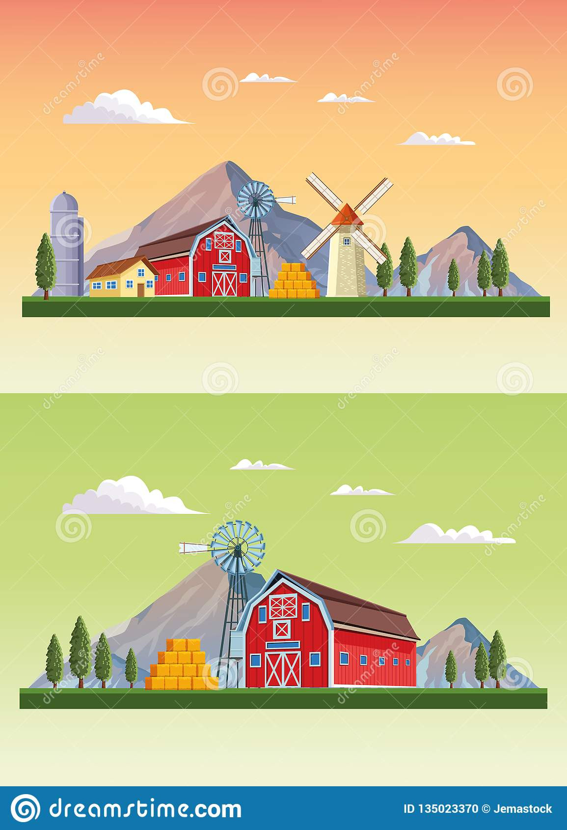 farm barns sceneries set cartoon vector illustration graphic design