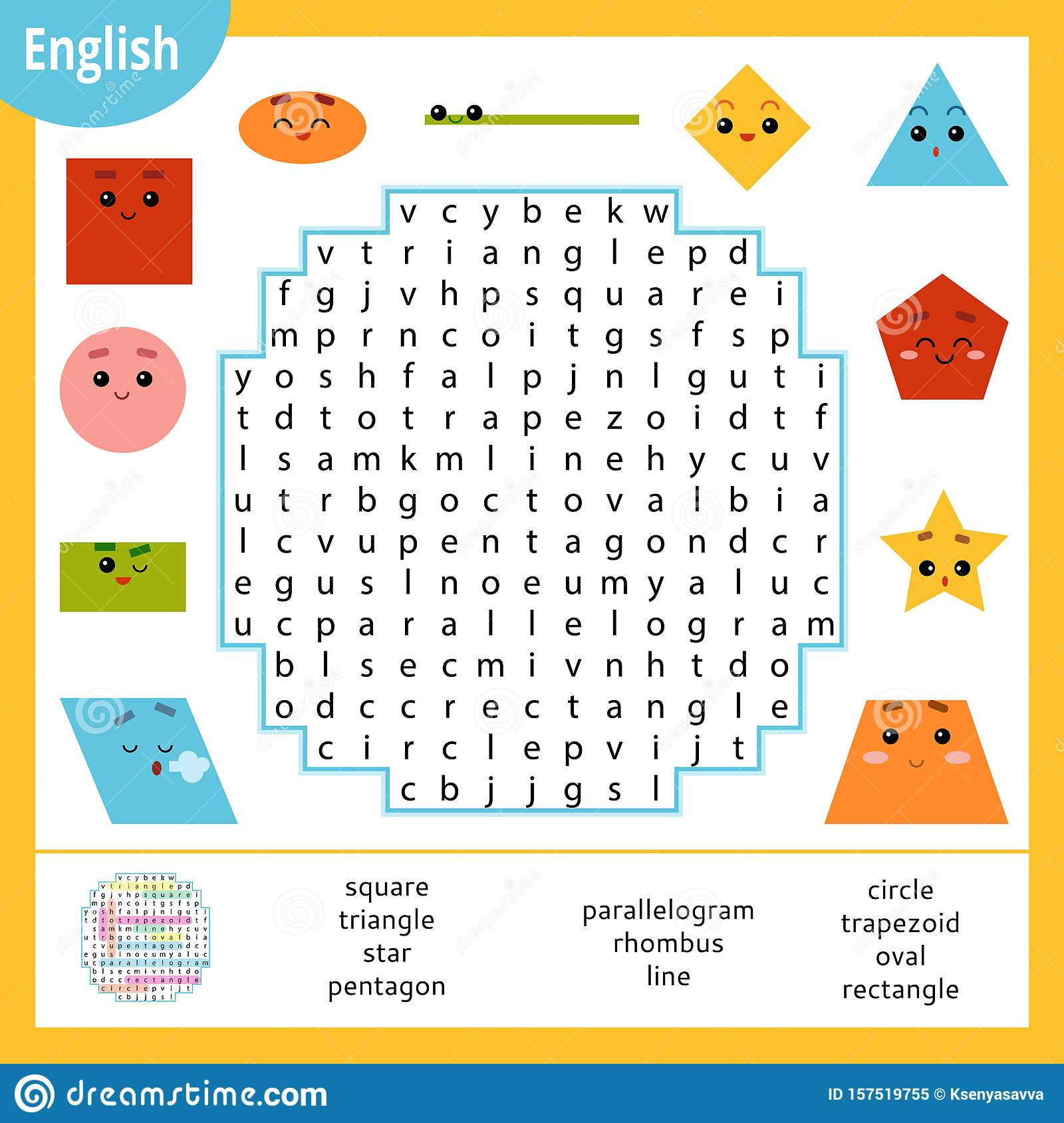 word search puzzle cartoon set geometric shapes circle square rectangle triangle education game children vector colour