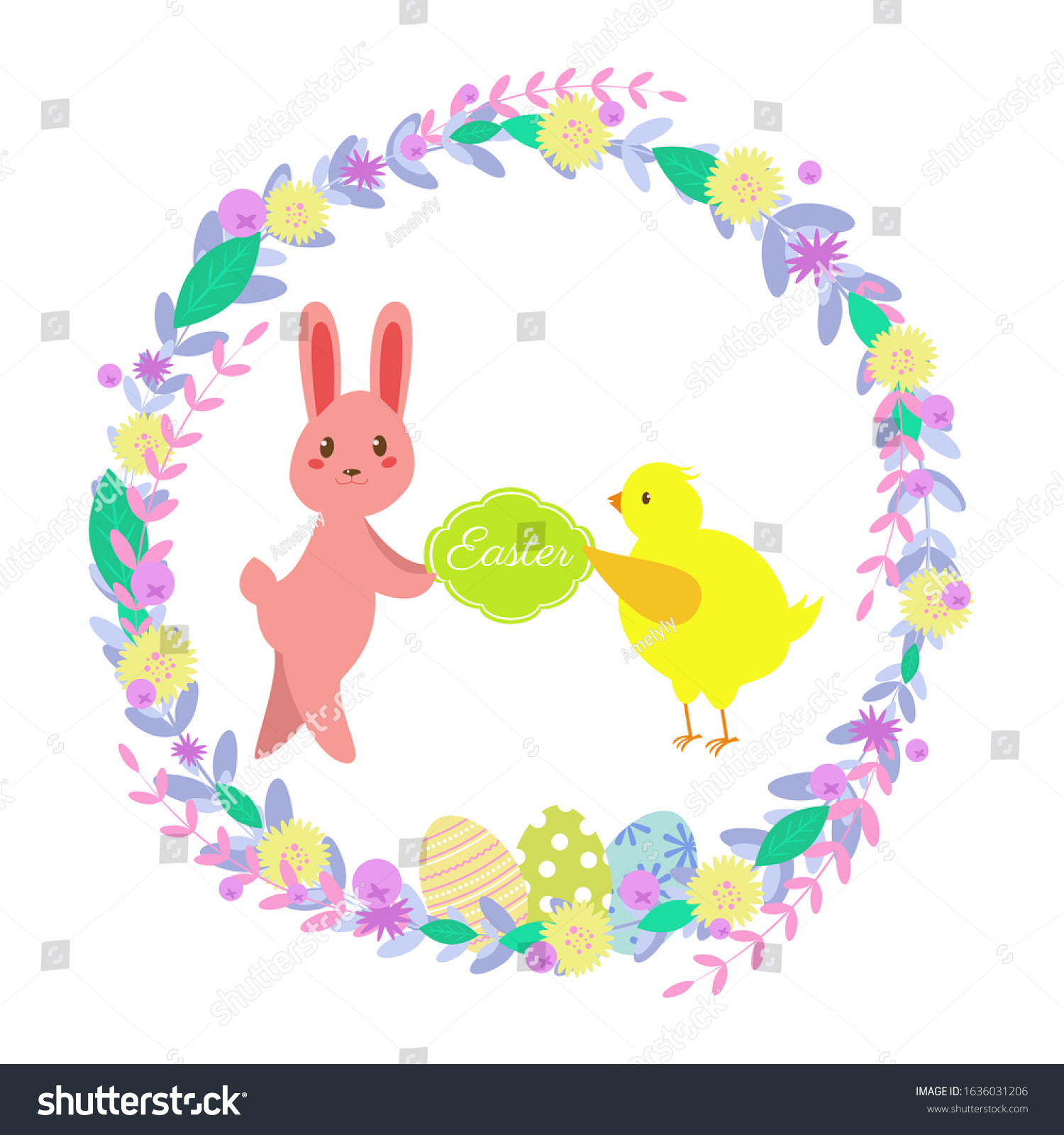 stock vector vector illustration easter greeting card cute flat illustration with rabbit chicken easter eggs