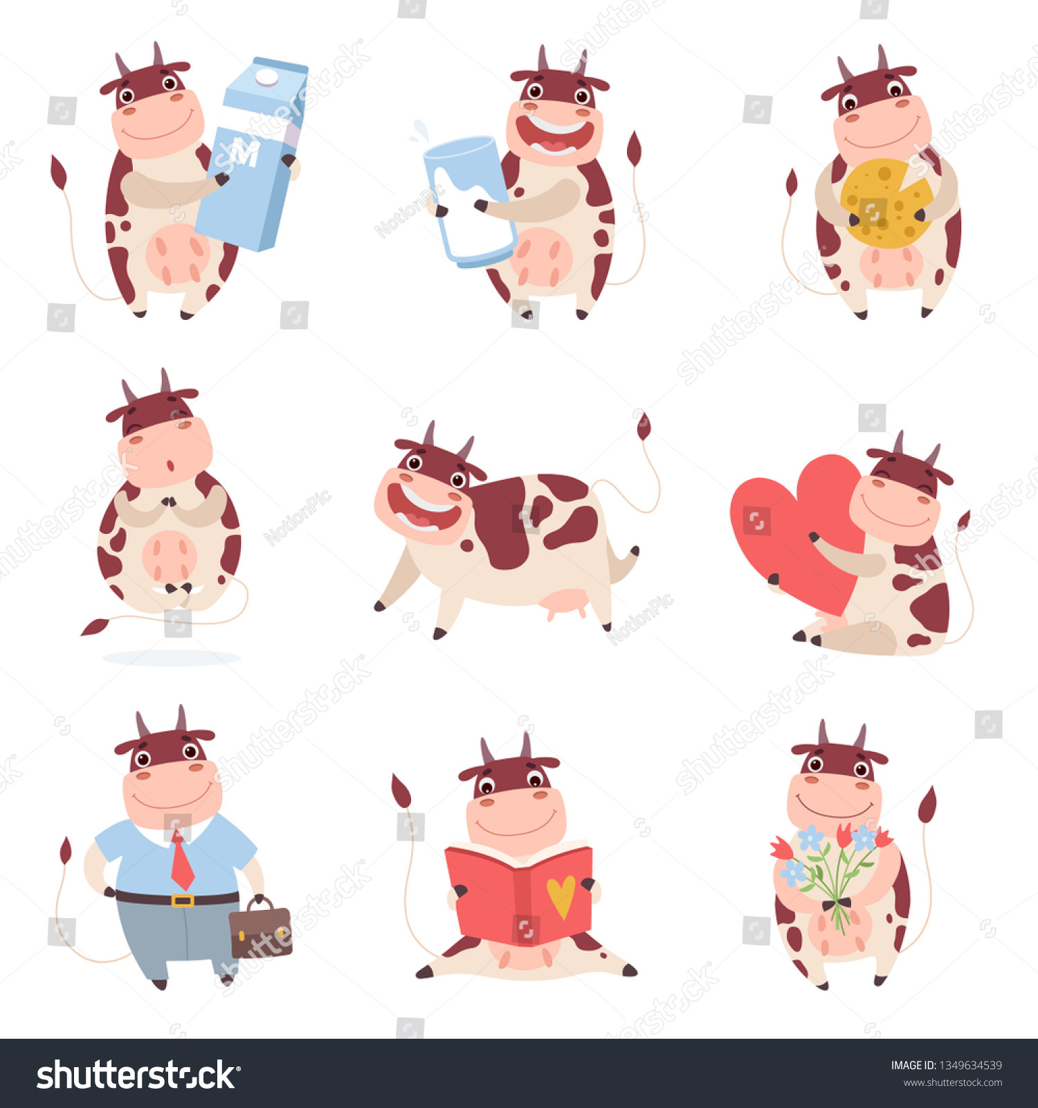stock vector cute funny cow characters set cheerful farm animal in different situations vector illustration