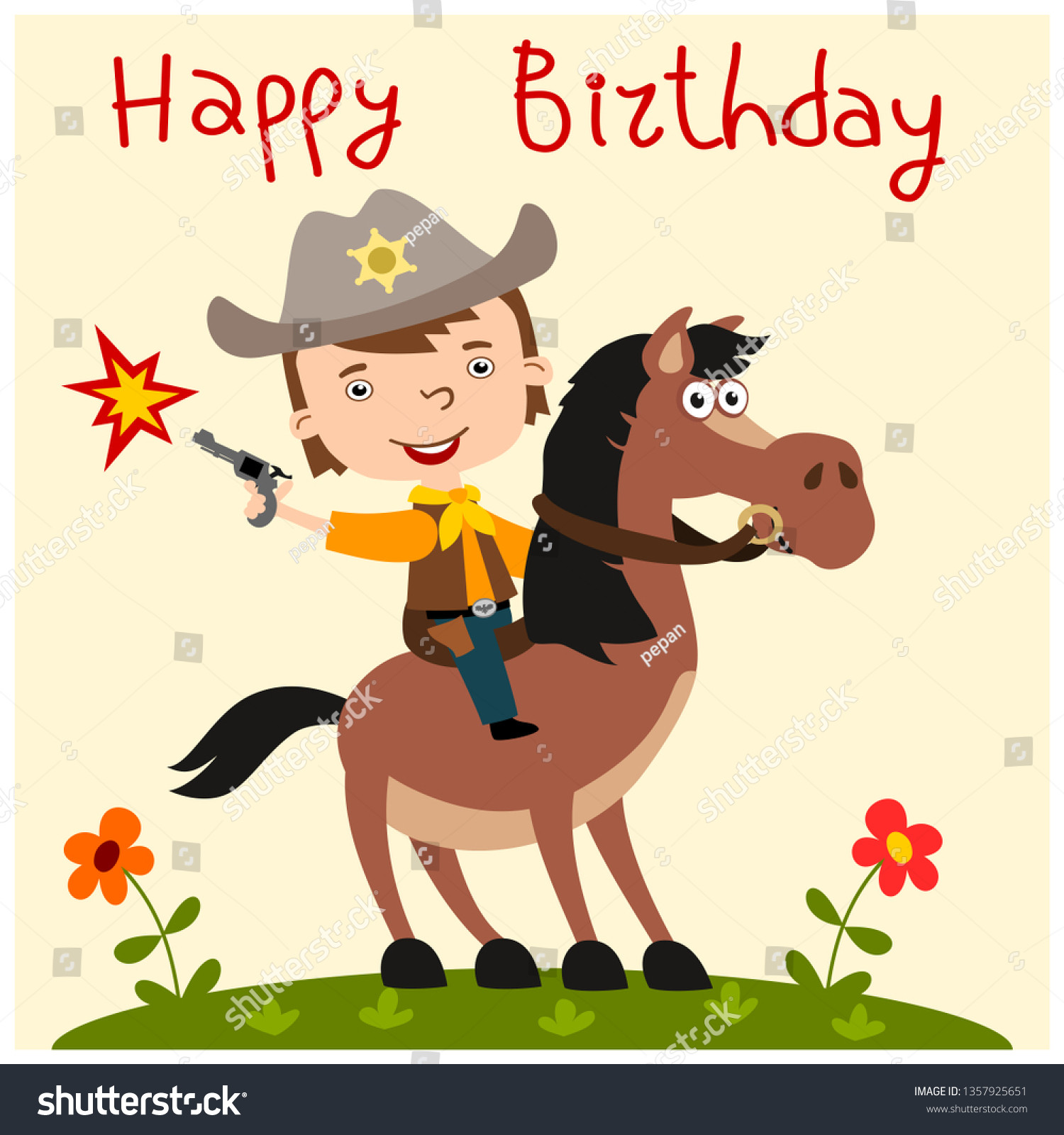 stock vector funny boy in cowboy costume riding horse with gun in hand happy birthday card