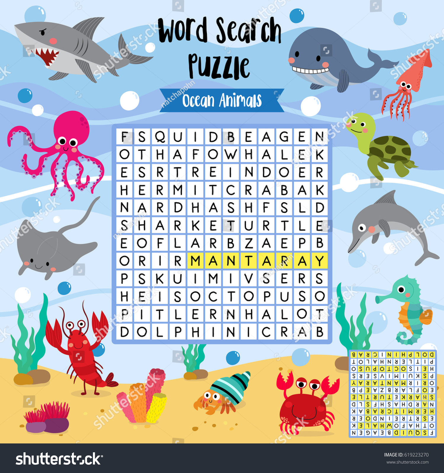 stock vector words search puzzle game of ocean animals for preschool kids activity worksheet colorful printable