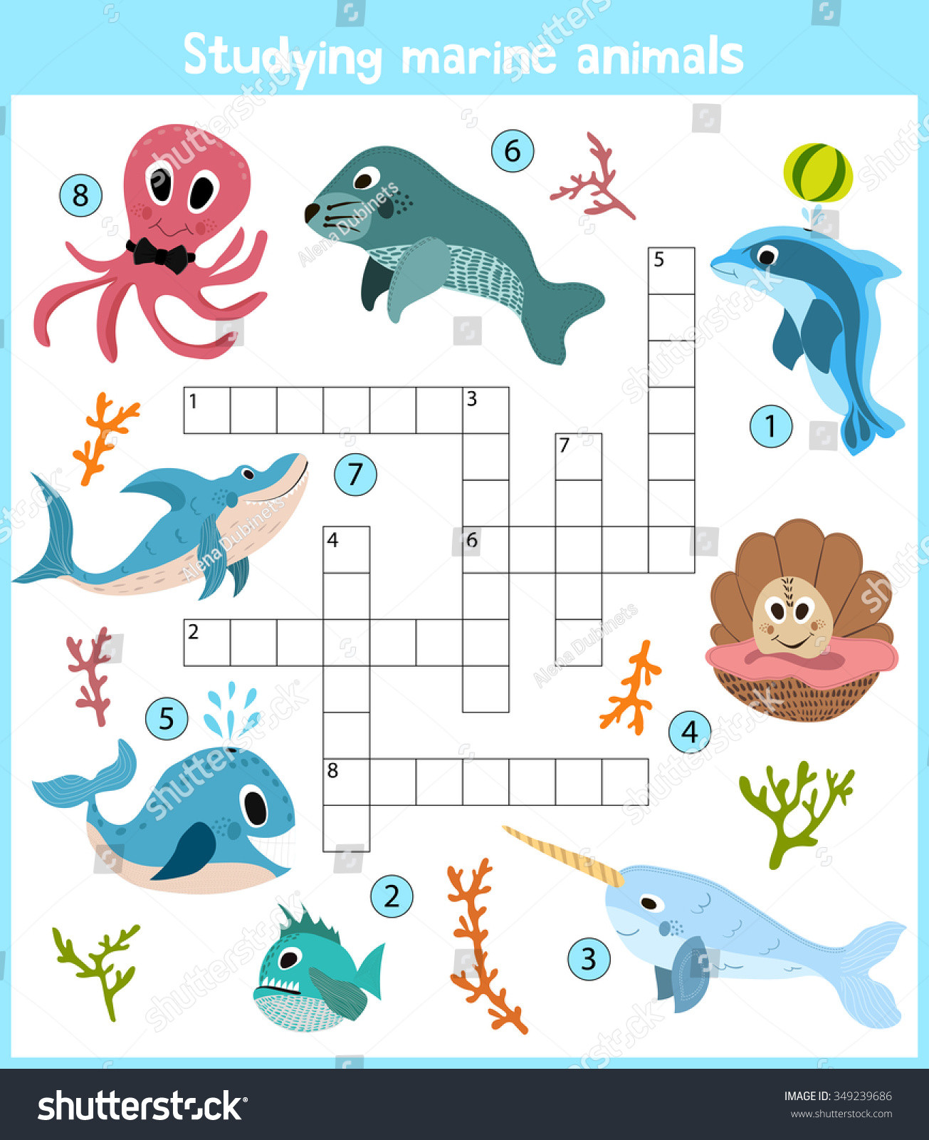 stock vector a colorful children s cartoon crossword education game for children on the theme of sea animals