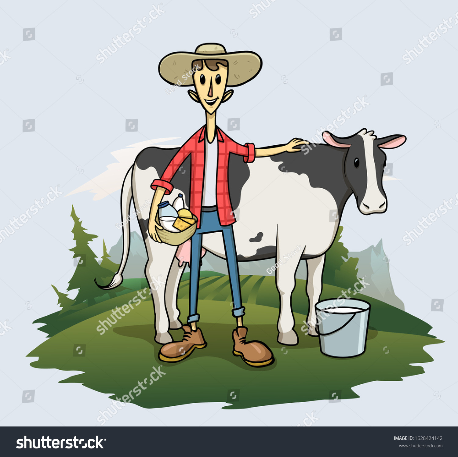 stock vector young farmer in the hat standing next to his cow cartoon character standing on the grass with