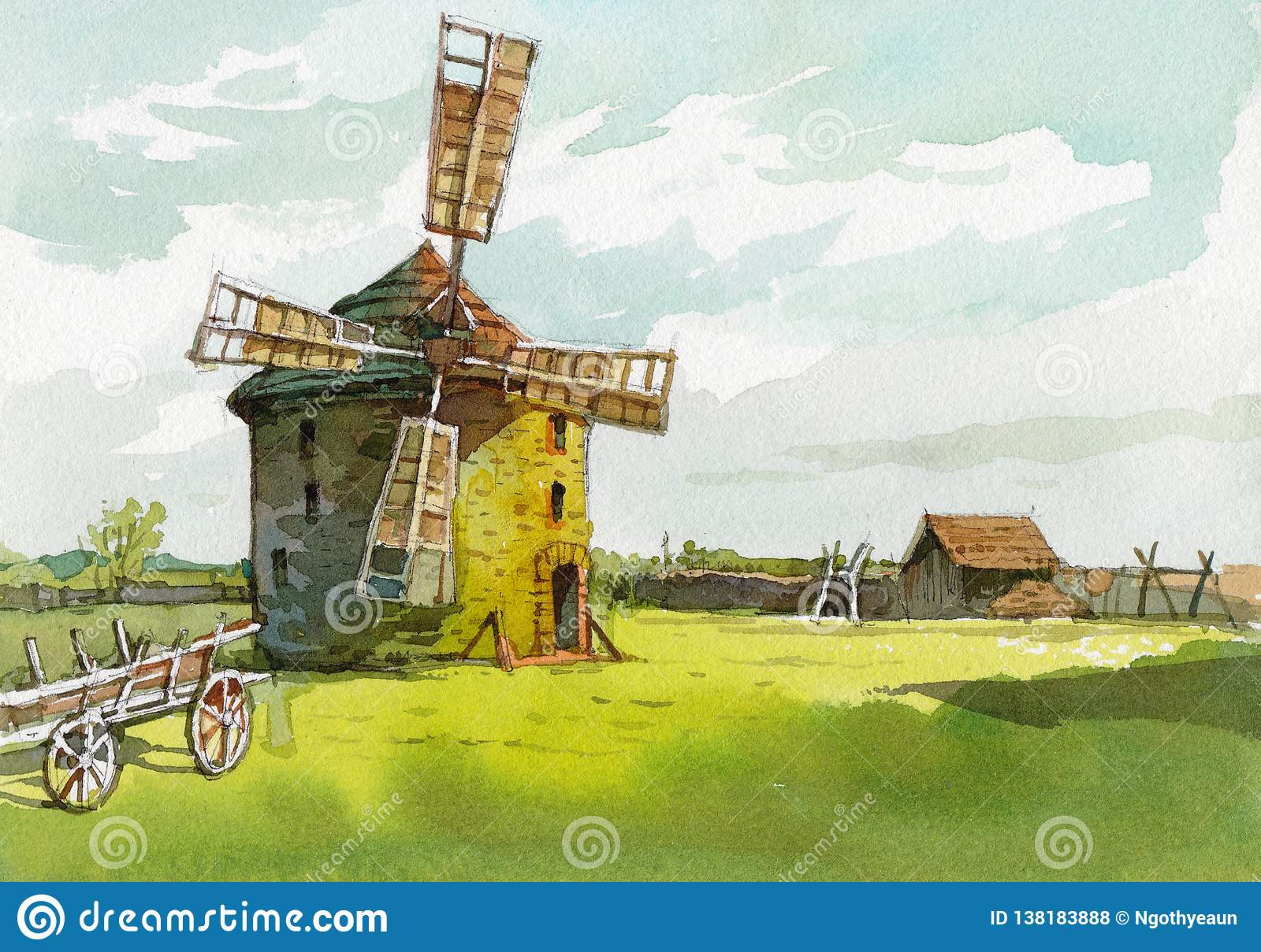 hand painted watercolor painting vintage windmill building illustration